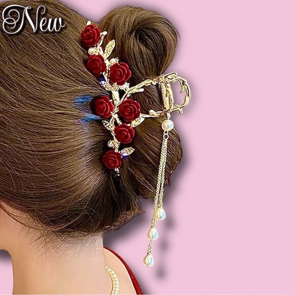 New Gold Rose Vine Hair Clip with Pearls & Rhinestone Leaves - Picture 7 of 7